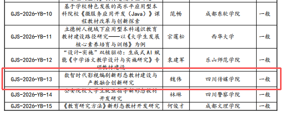 四川传媒学院获批一项四川省应用型本科高校“特色优质教材”建设与改革研究专项课题